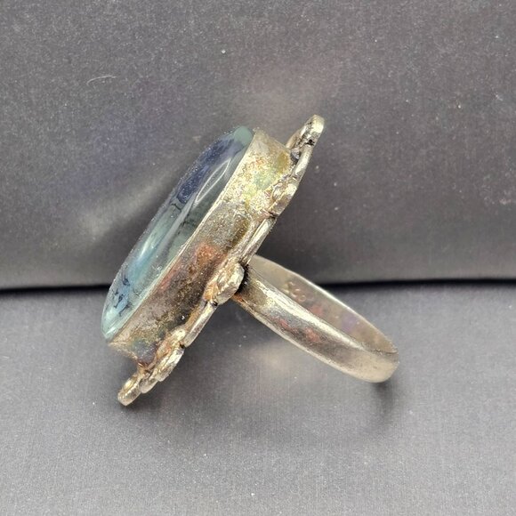 925 Sterling Silver Plt Dichroic Glass Ring Size 8.5 Blue Bezel Setting - Picture 3 of 13
